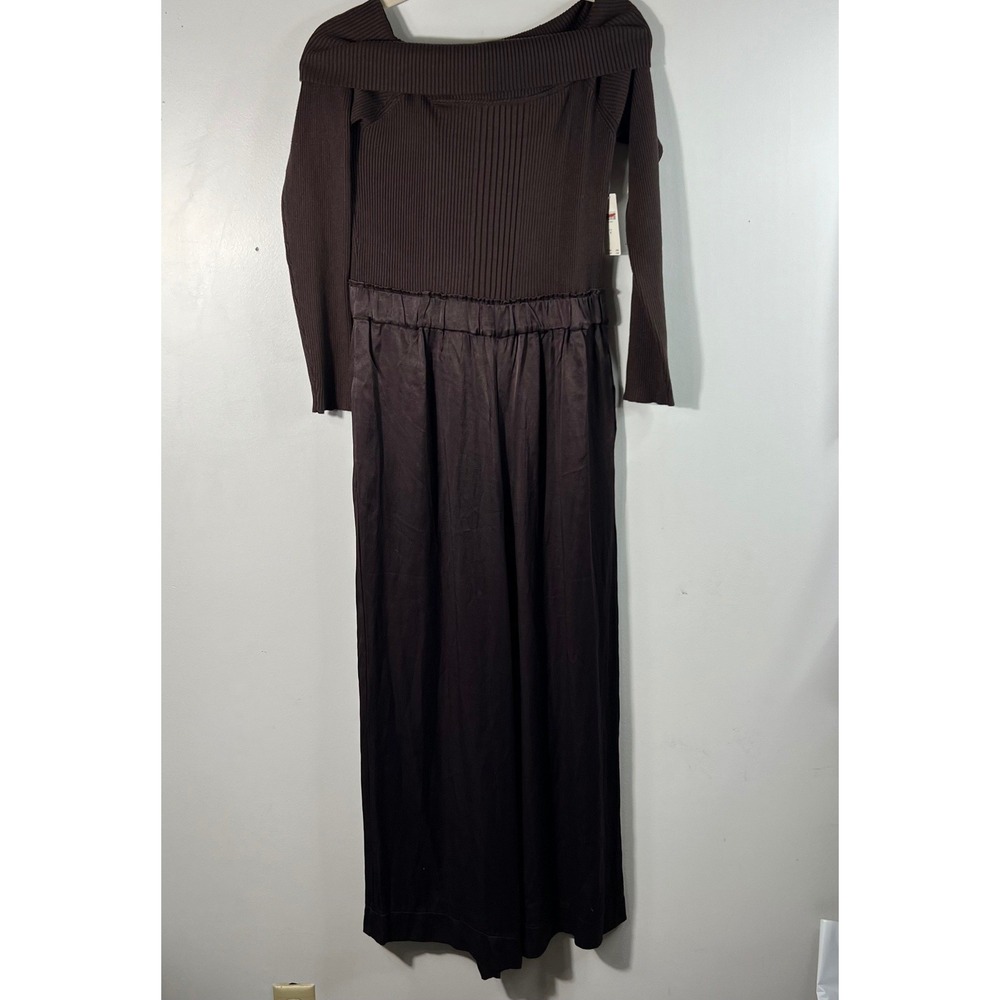 Womens Anthropologie Off Shoulder Twofer Jumpsuit‎ Ribbed Satin Brown M NWT